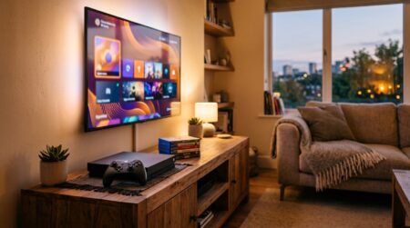 Console et manette de jeu dans un salon chaleureux