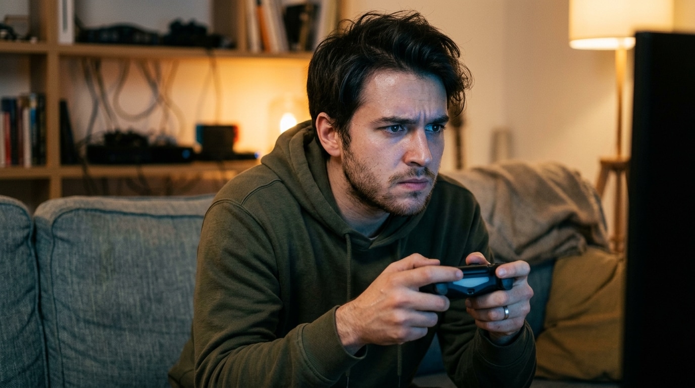 Jeune homme concentré tenant une manette de jeu