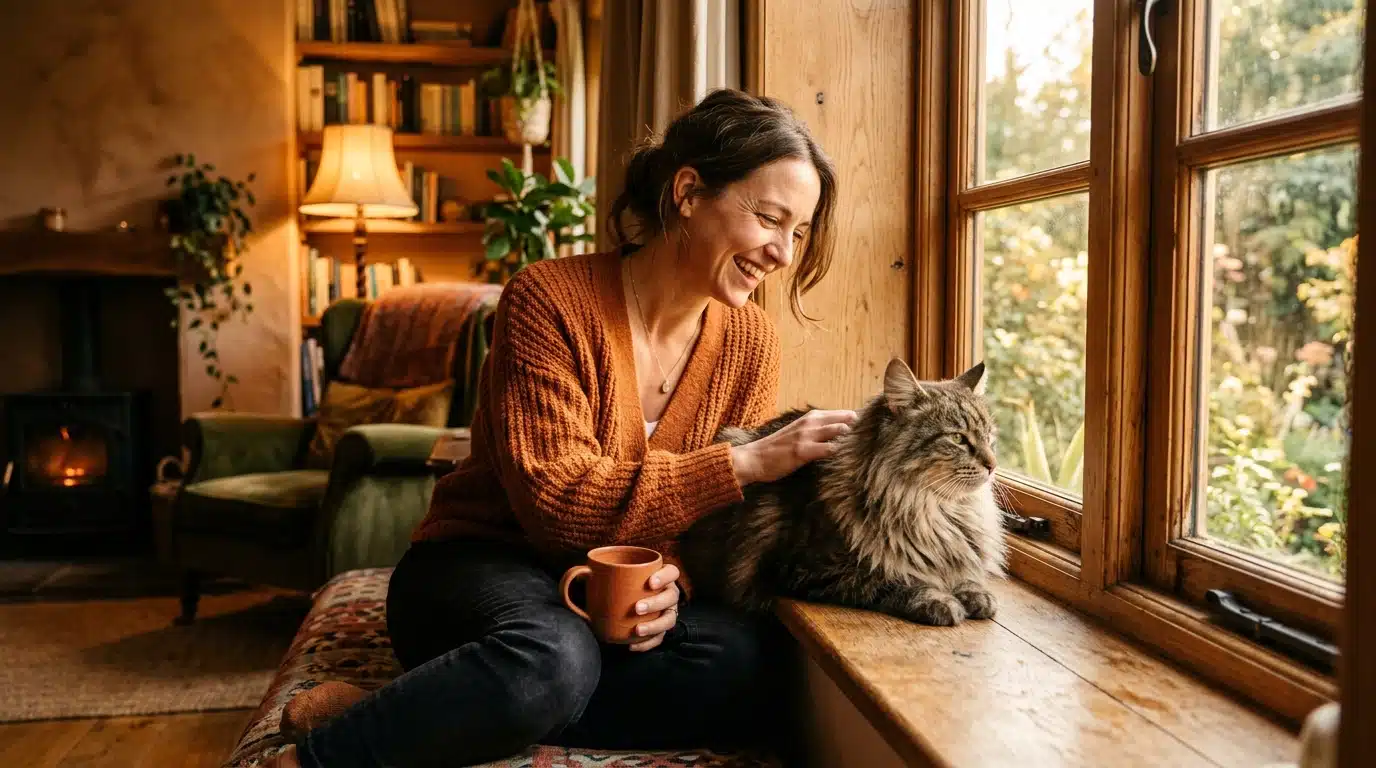 Femme caressant un chat des forêts norvégiennes près d'une fenêtre