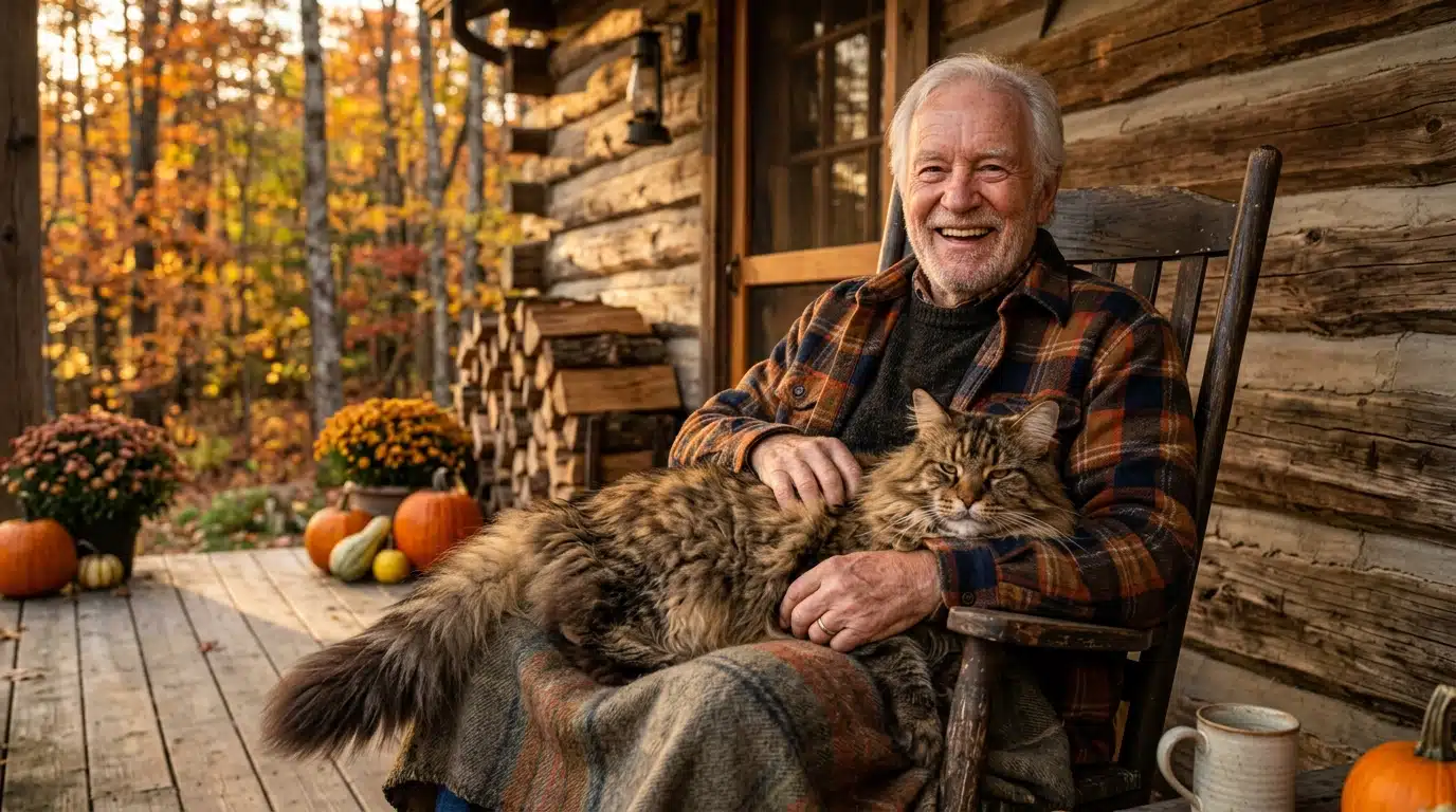 Homme âgé avec un Maine Coon endormi sur ses genoux