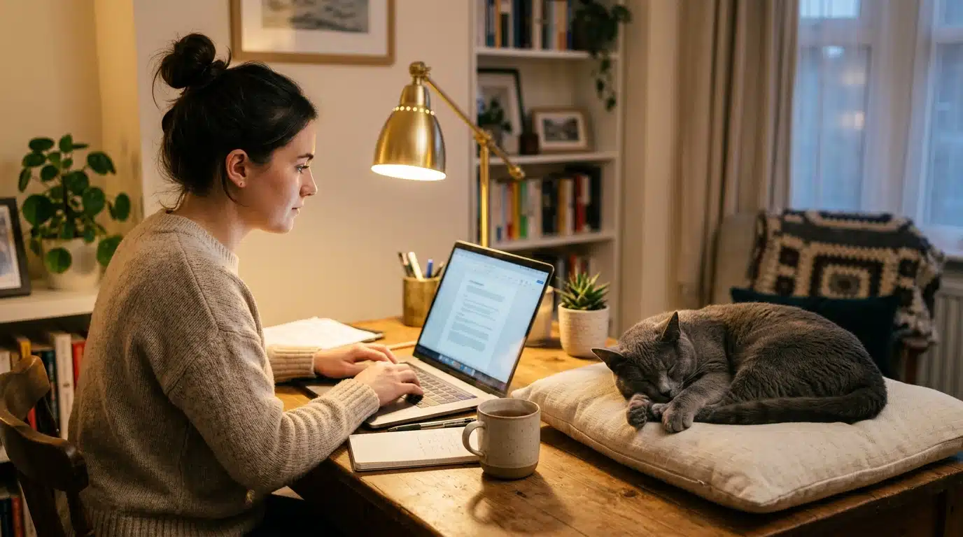 Chartreux gris-bleu couché près d'un bureau à la maison