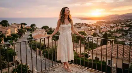 Femme sereine au coucher du soleil sur un balcon