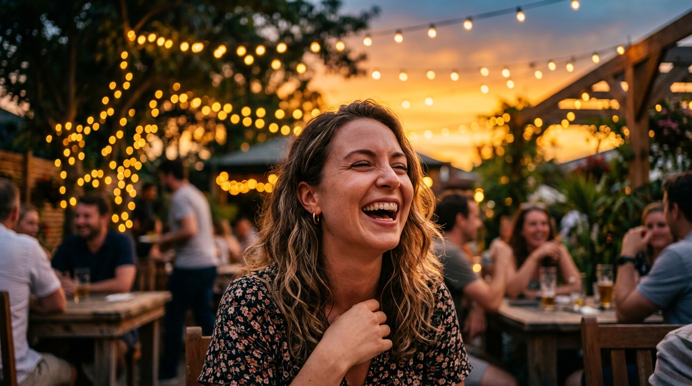 Femme souriante lors d'une soirée d'été dorée