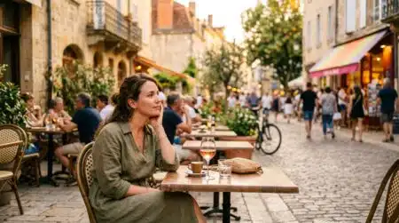 Femme pensive en terrasse un soir d'été doré