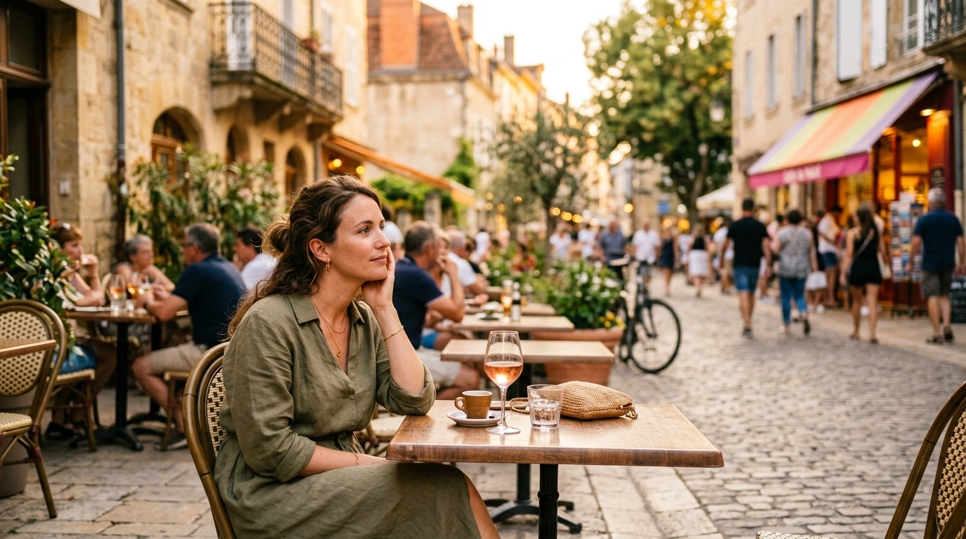 Femme pensive en terrasse un soir d'été doré