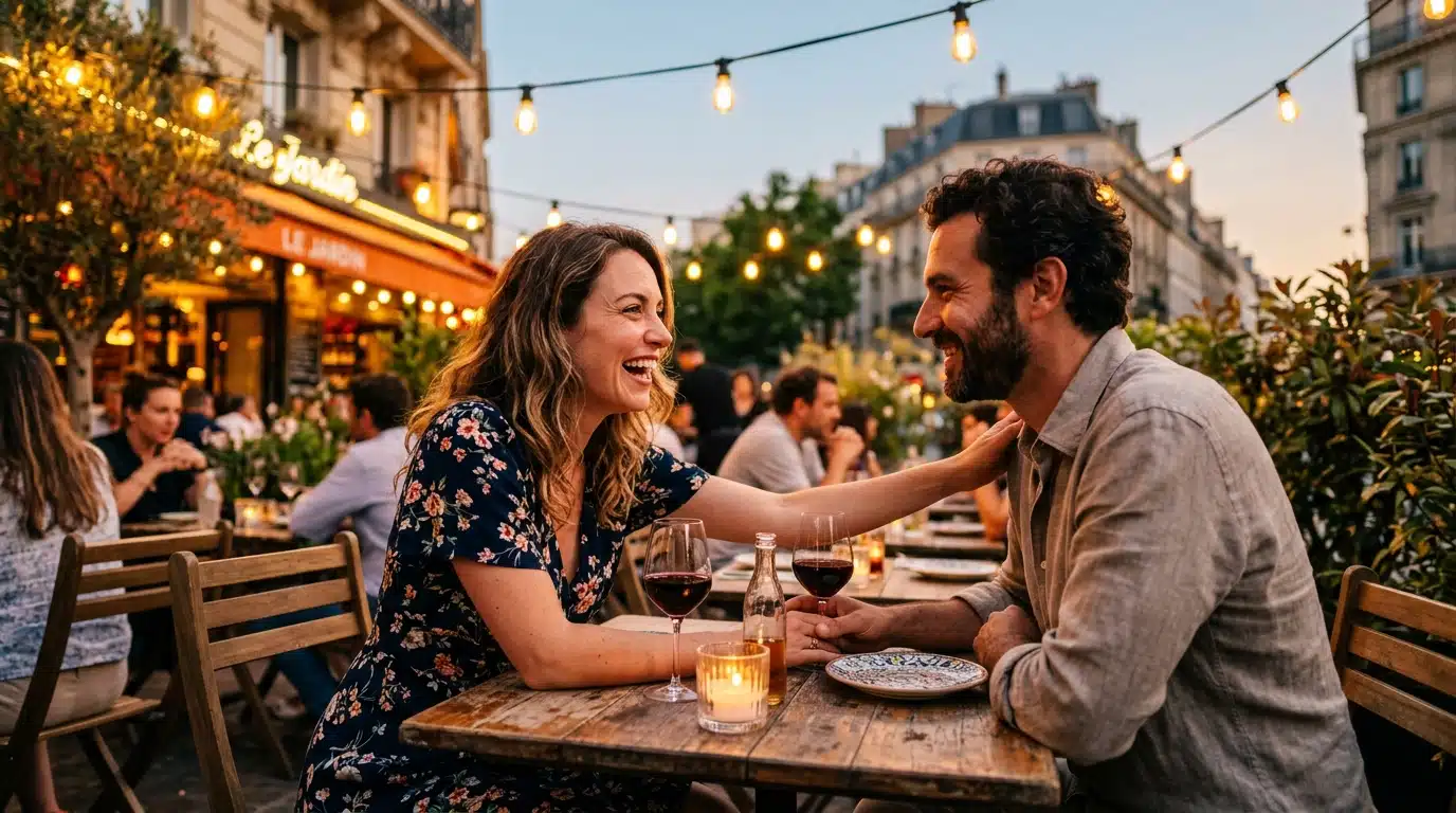 Couple se retrouvant en terrasse à la tombée du jour