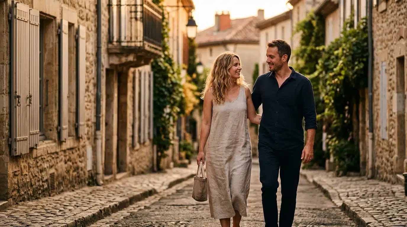 Couple marchant ensemble au coucher du soleil en août