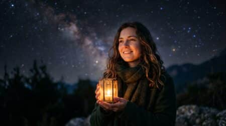 Femme souriante sous un ciel étoilé doré