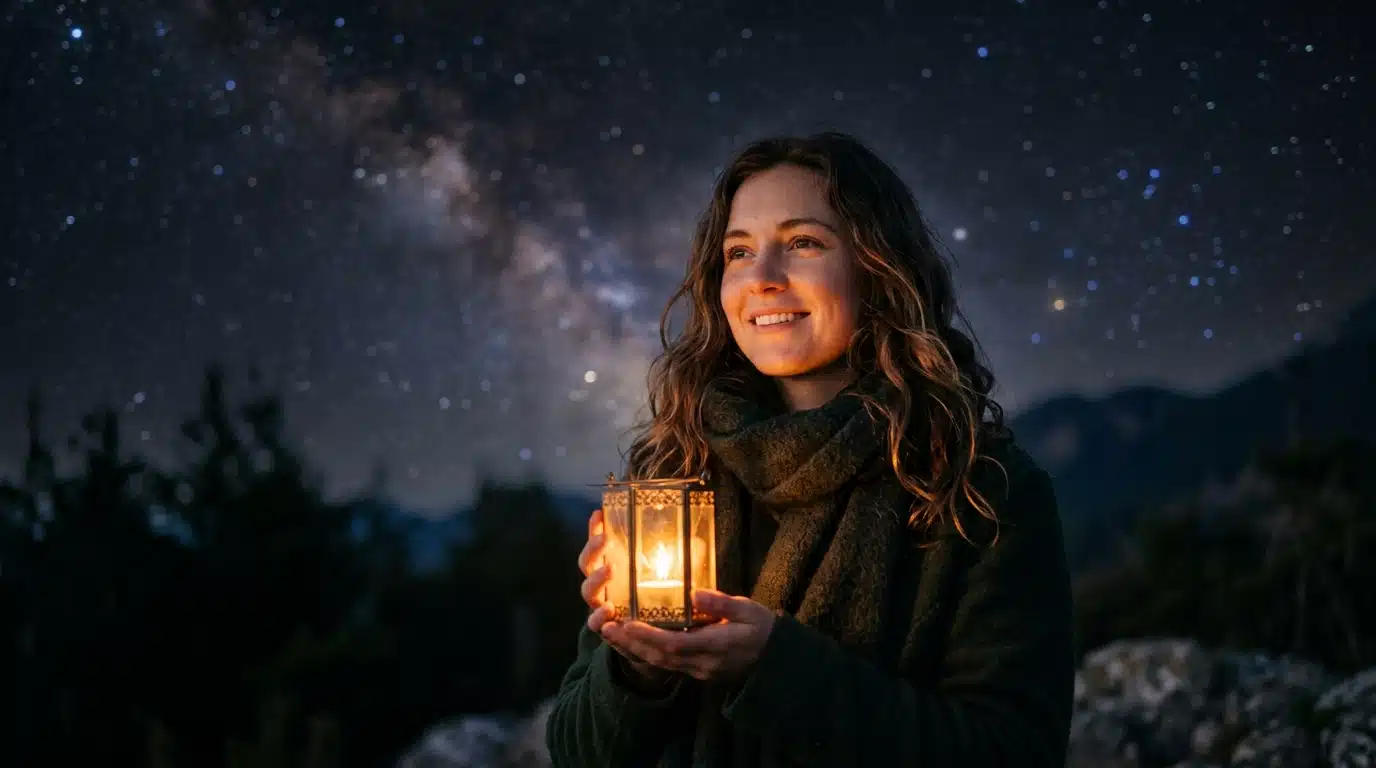 Femme souriante sous un ciel étoilé doré