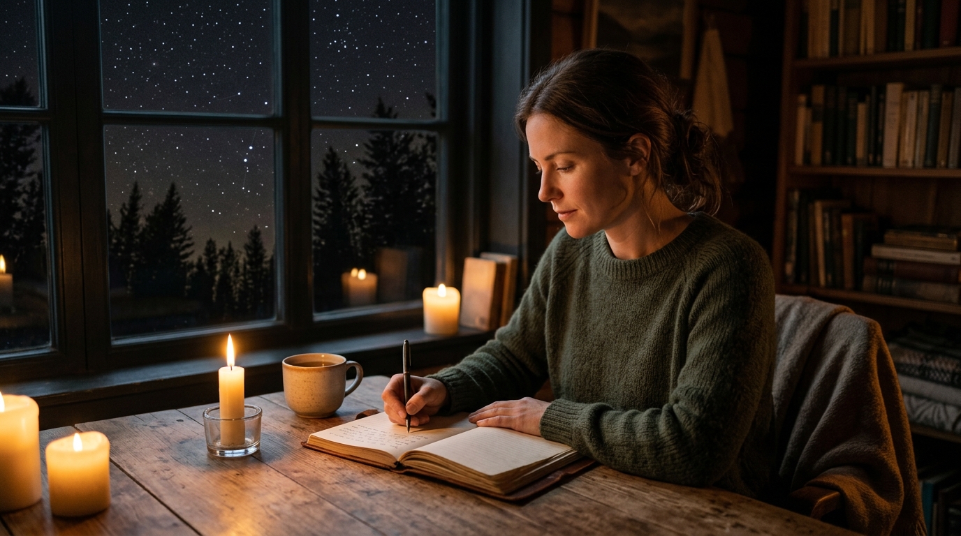 Femme écrivant à la bougie sous un ciel étoilé