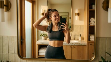 Femme souriante prenant un selfie devant un miroir