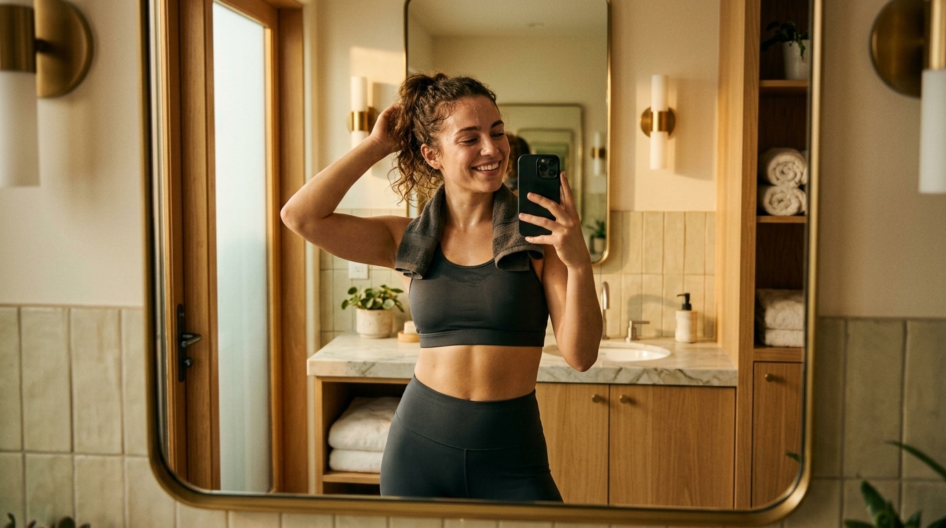 Femme souriante prenant un selfie devant un miroir
