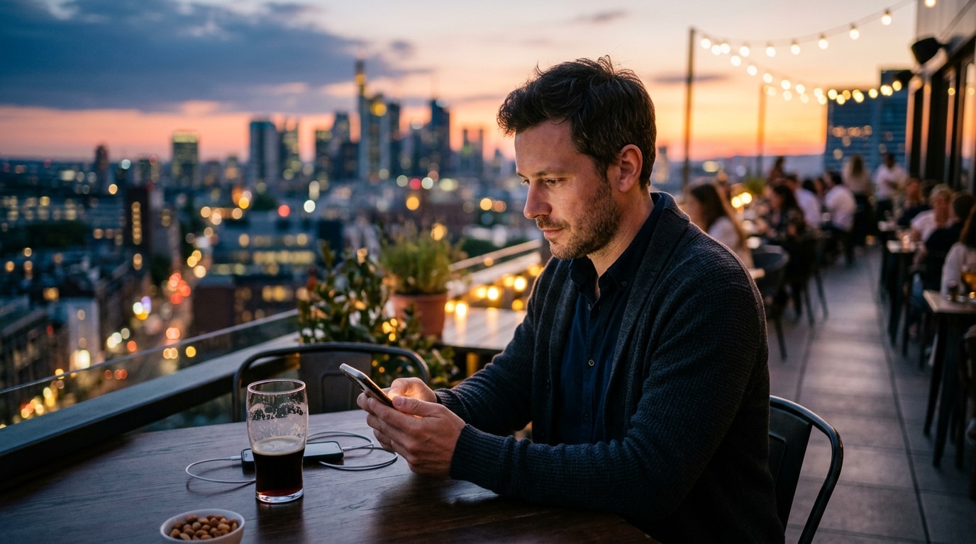 Homme pensif regardant son téléphone en terrasse