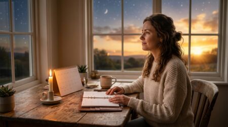 Femme organisant son planning à la lumière dorée d'une bougie