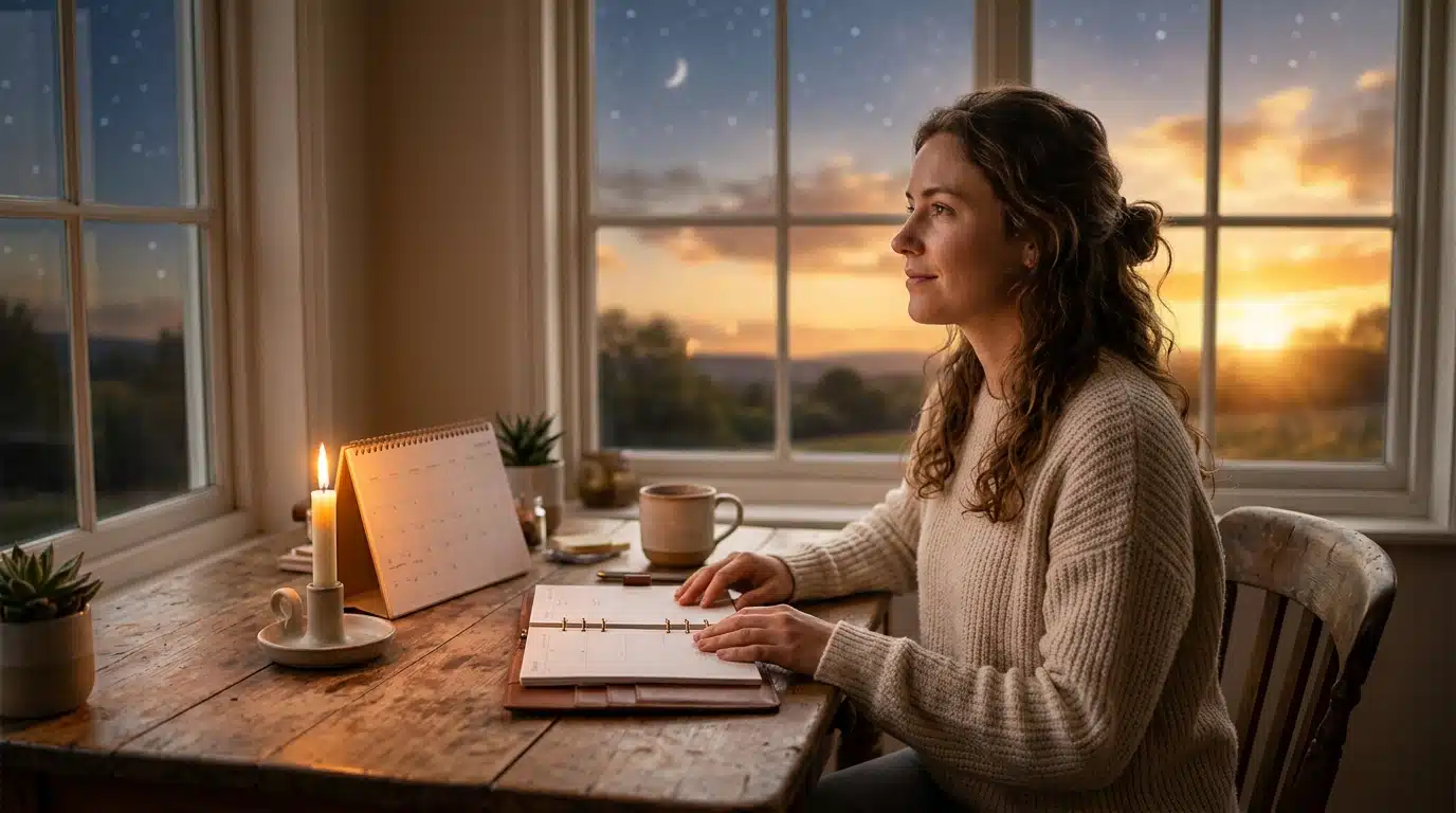 Femme organisant son planning à la lumière dorée d'une bougie