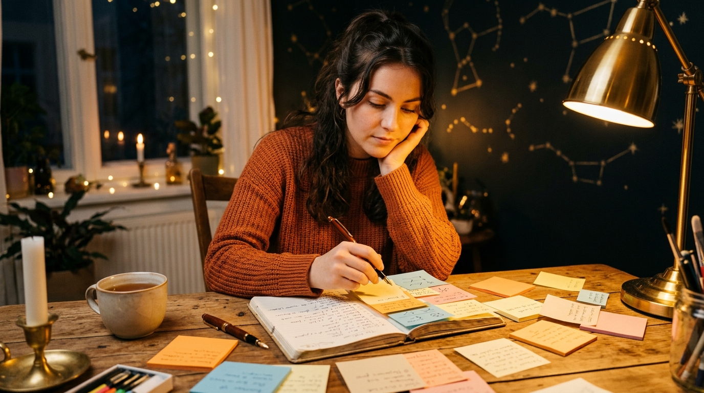 Femme classant des notes pour sa rentrée sous lumière chaleureuse