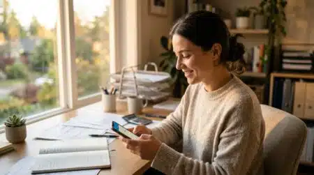 Femme souriante consultant son téléphone avec soulagement