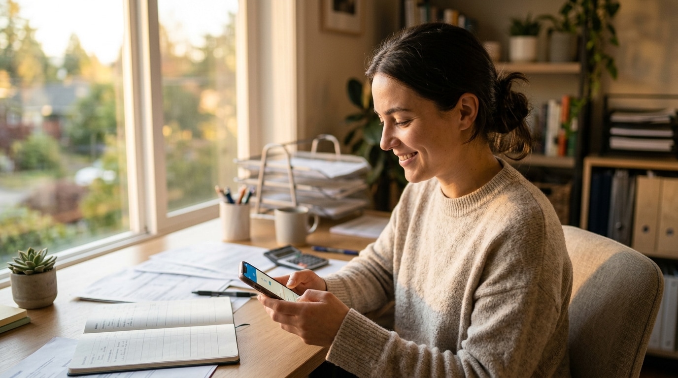 Femme souriante consultant son téléphone avec soulagement