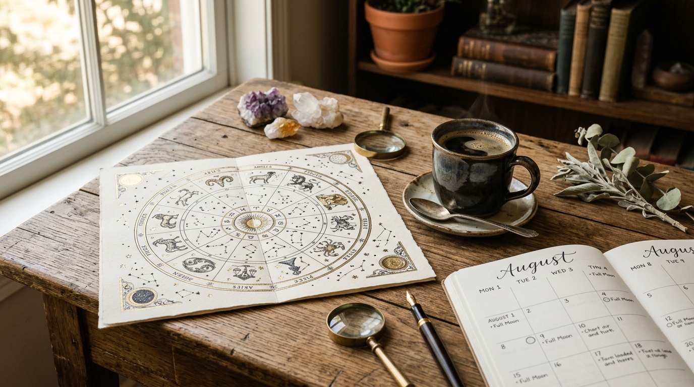 Roue astrologique et calendrier sur bureau en bois