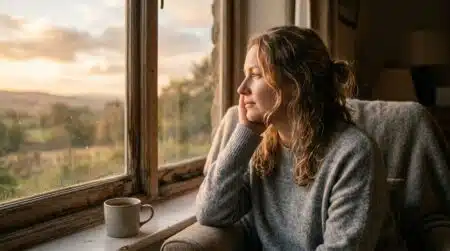 Femme pensive au lever du jour près d'une fenêtre