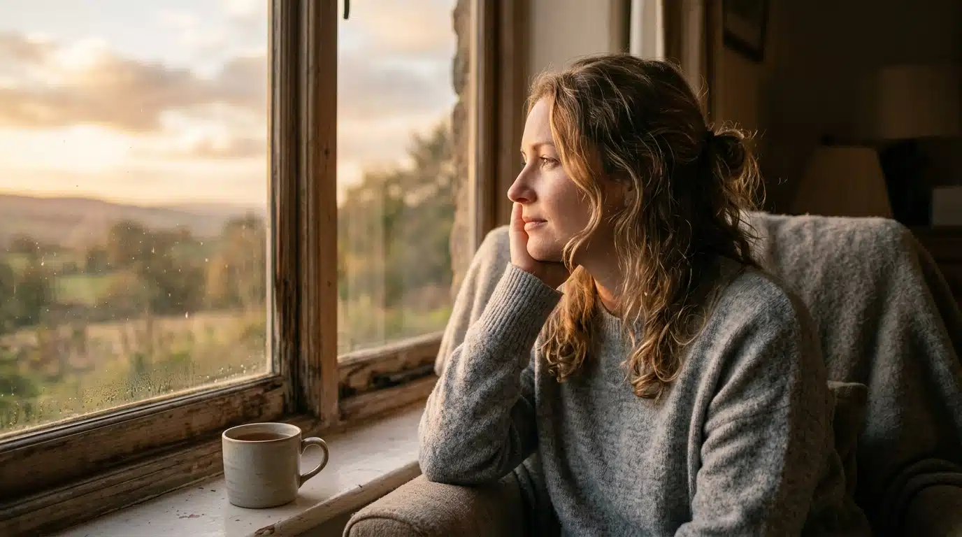 Femme pensive au lever du jour près d'une fenêtre