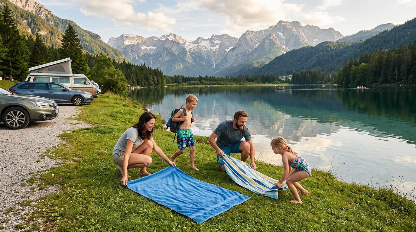 Famille installée sur la rive d'un lac alpin