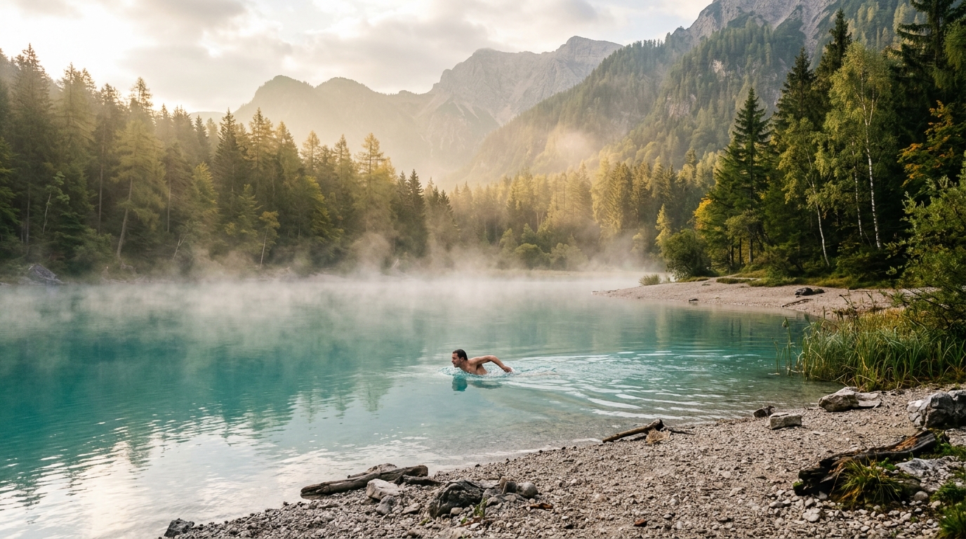 Homme nageant seul dans un lac de montagne calme
