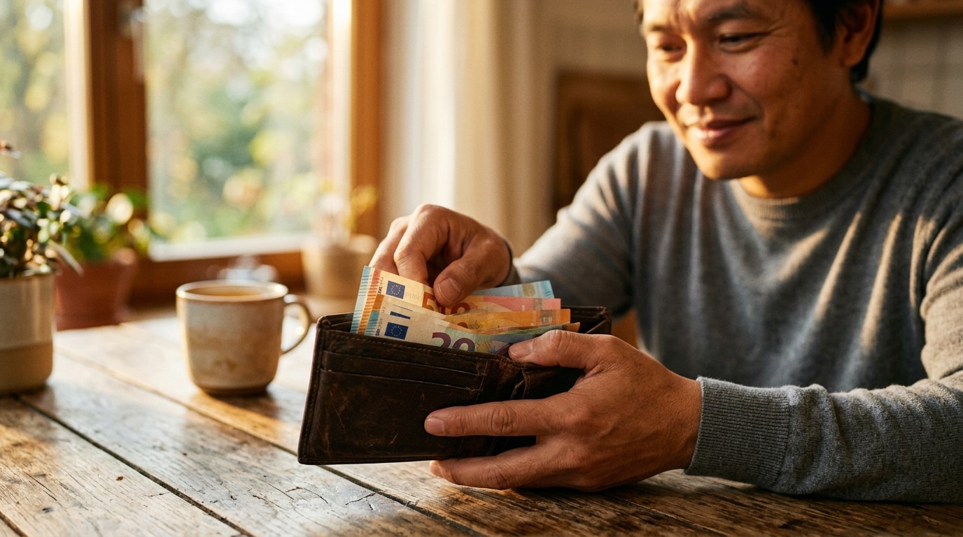 Personne souriante ouvrant un portefeuille rempli de billets
