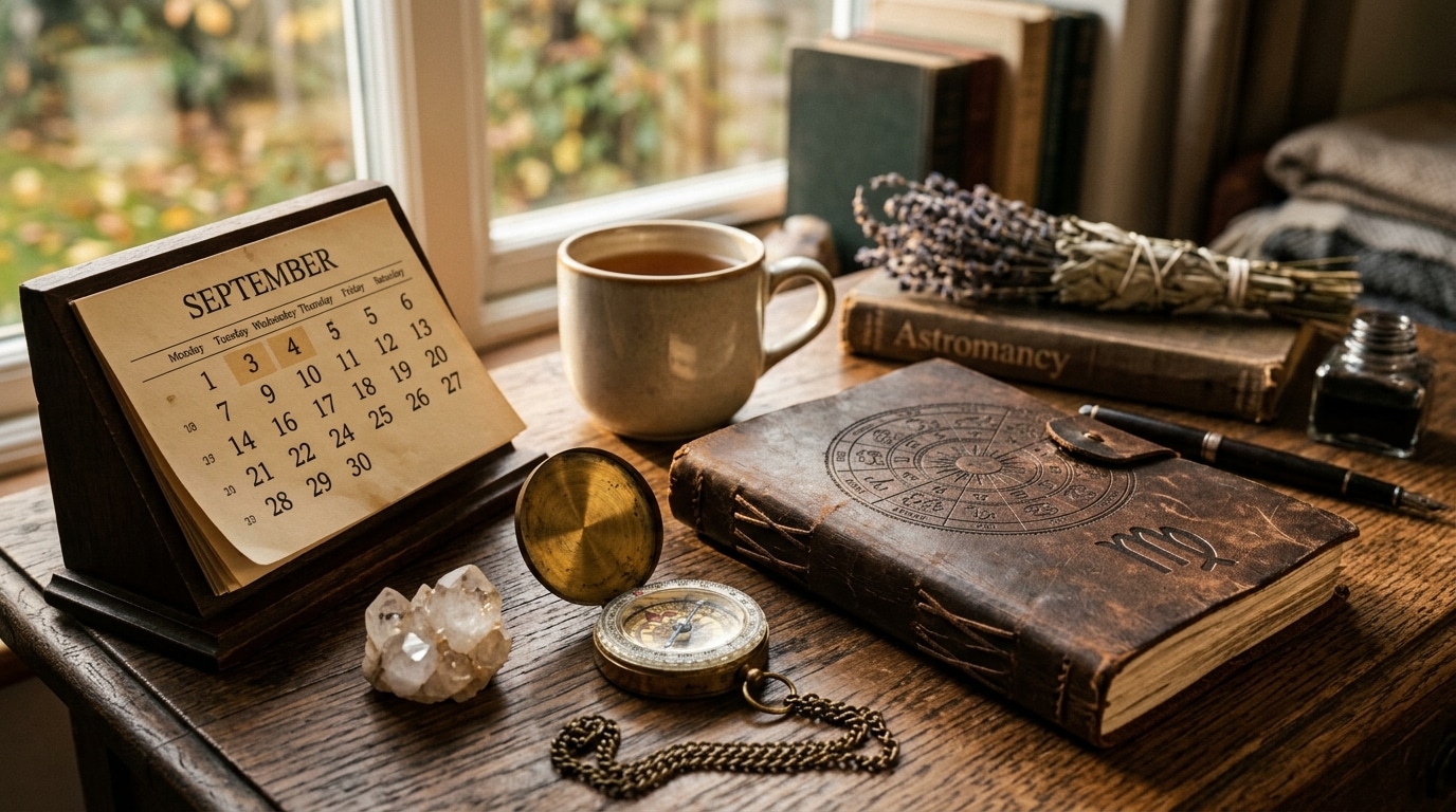 Bureau avec calendrier de septembre et objets astrologiques