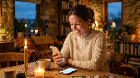 Femme souriante recevant une bonne nouvelle financière