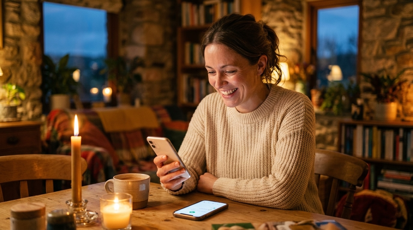 Femme souriante recevant une bonne nouvelle financière