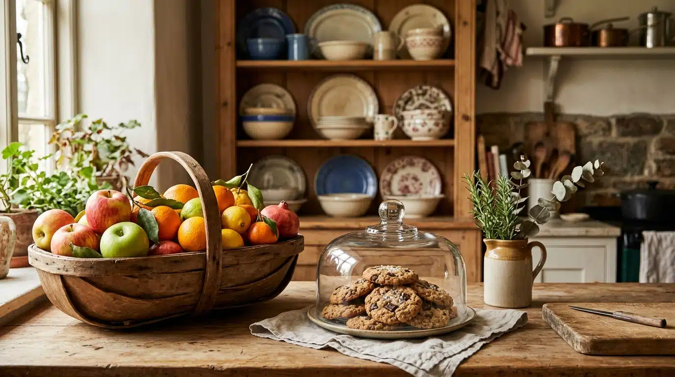 Panier de fruits et biscuits sous cloche en cuisine
