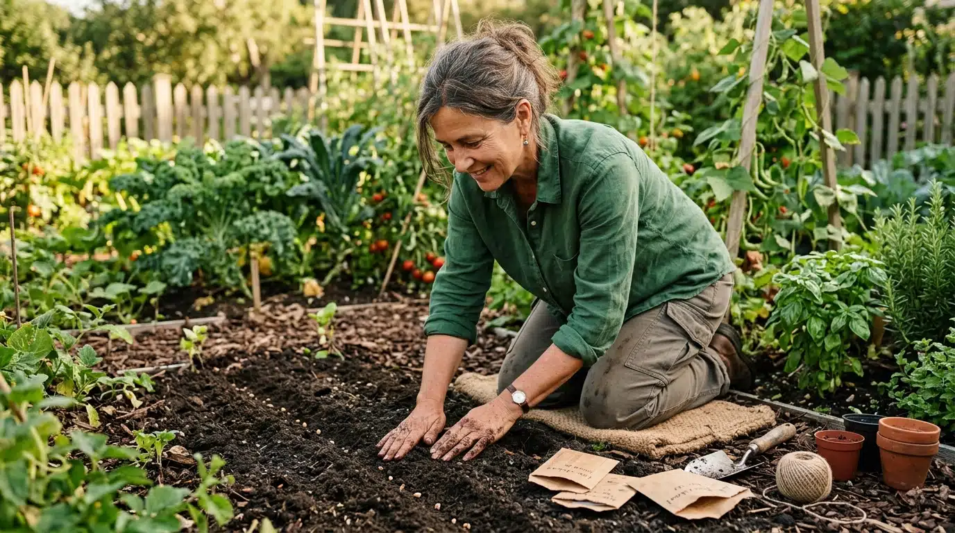 Femme semant des graines de légumes d'hiver au potager