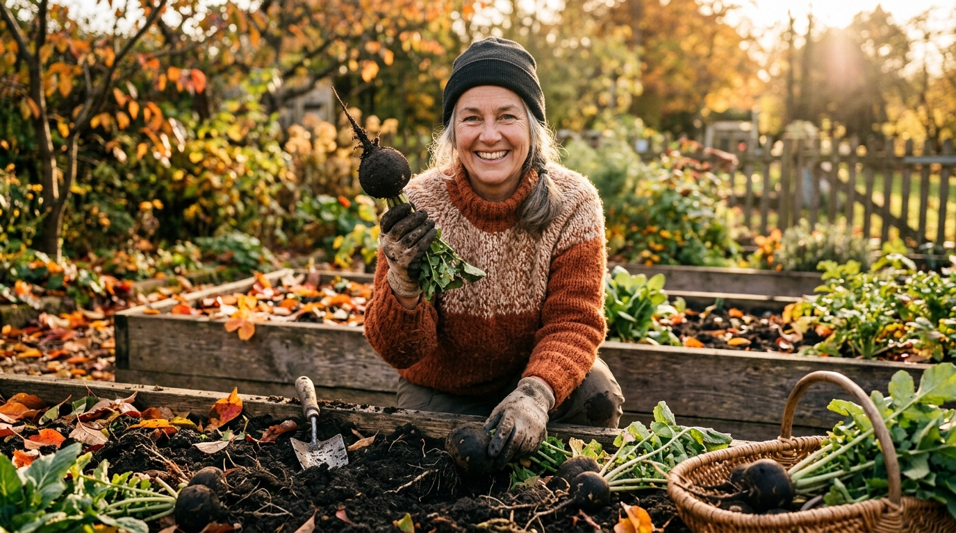 Jardinier récoltant un radis noir d'hiver dans la terre