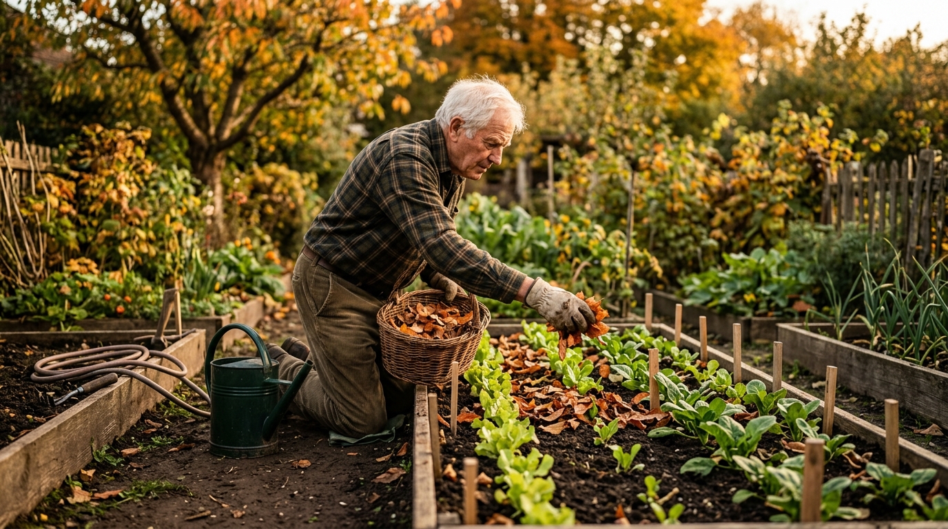 Paillage de feuilles mortes sur jeunes semis au potager
