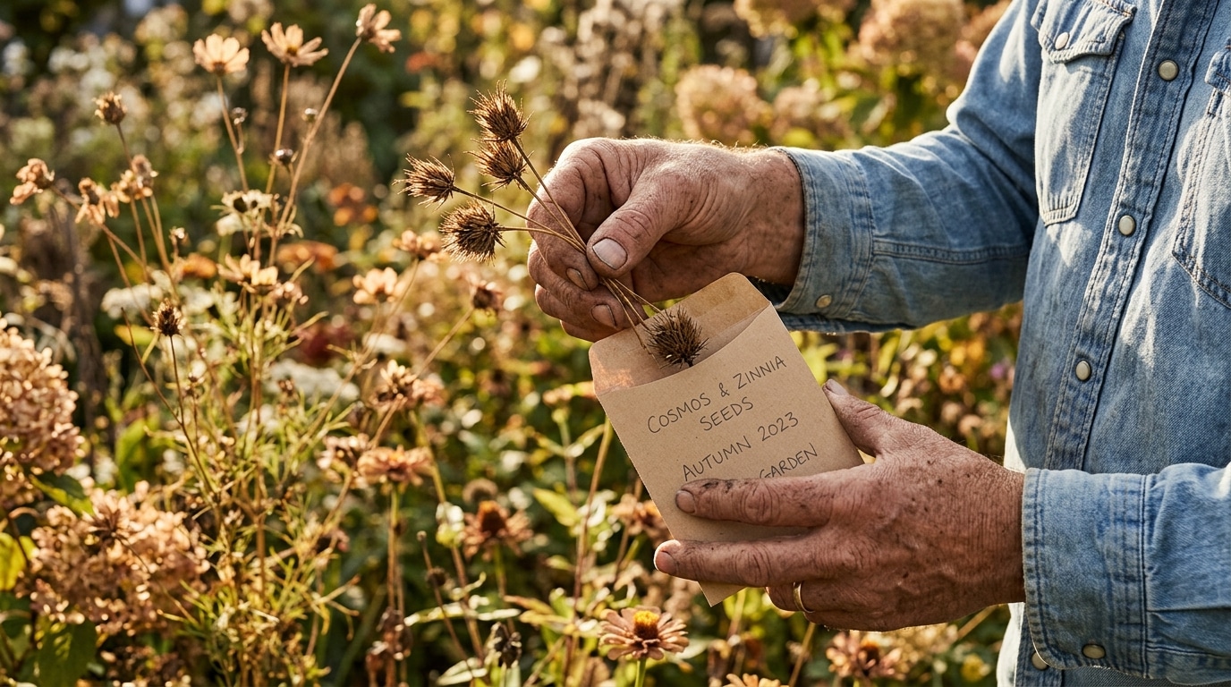 Mains récoltant des graines de fleurs séchées au jardin