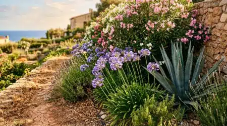Agapanthes et agave fleuris sous un soleil intense