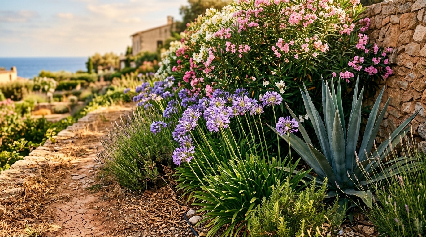 Agapanthes et agave fleuris sous un soleil intense