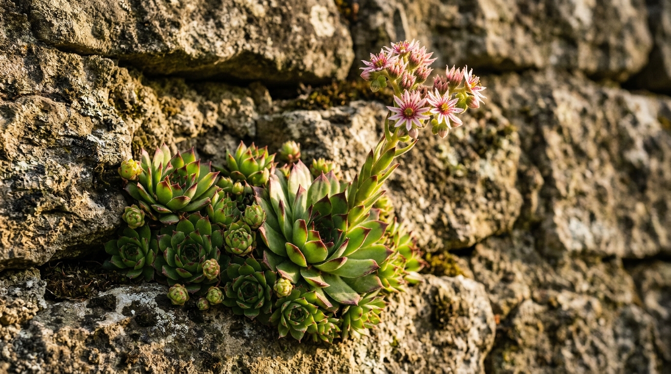 Joubarbes en rosette sur un mur en pierre