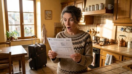 Femme surprise en lisant sa facture d'électricité après les vacances