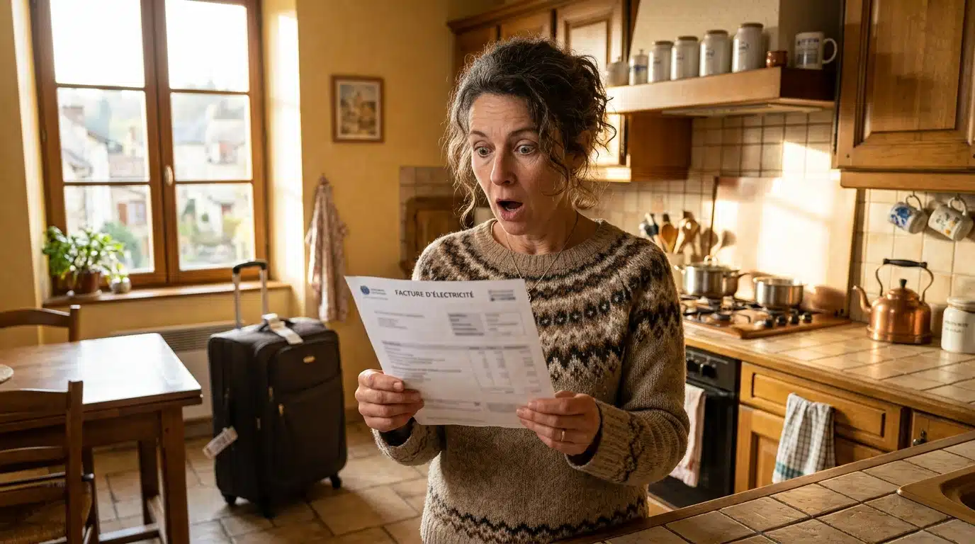 Femme surprise en lisant sa facture d'électricité après les vacances