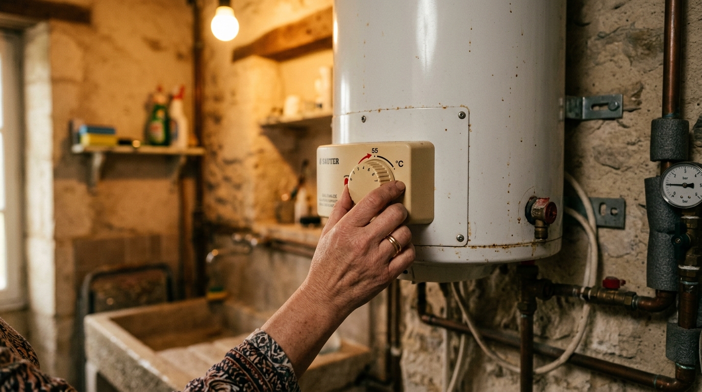 Main réglant le thermostat d'un chauffe-eau électrique