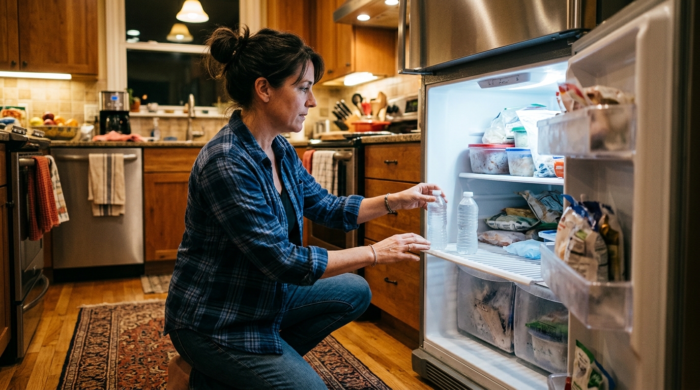 Personne rangeant des bouteilles d'eau dans un congélateur à moitié vide