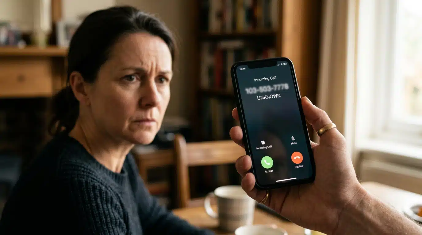 Main tenant un smartphone affichant un appel entrant suspect