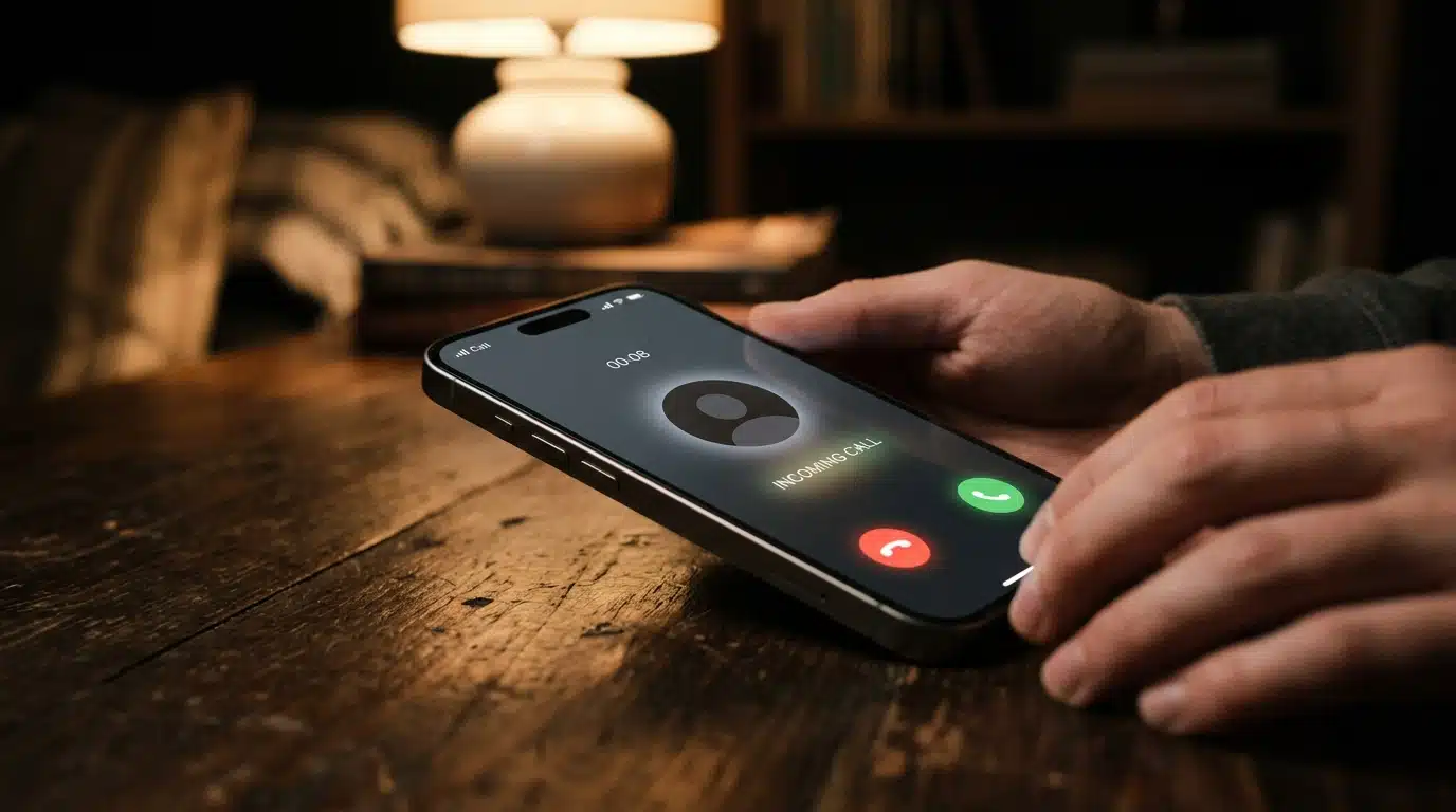 Smartphone allumé dans une pièce sombre lors d'un appel