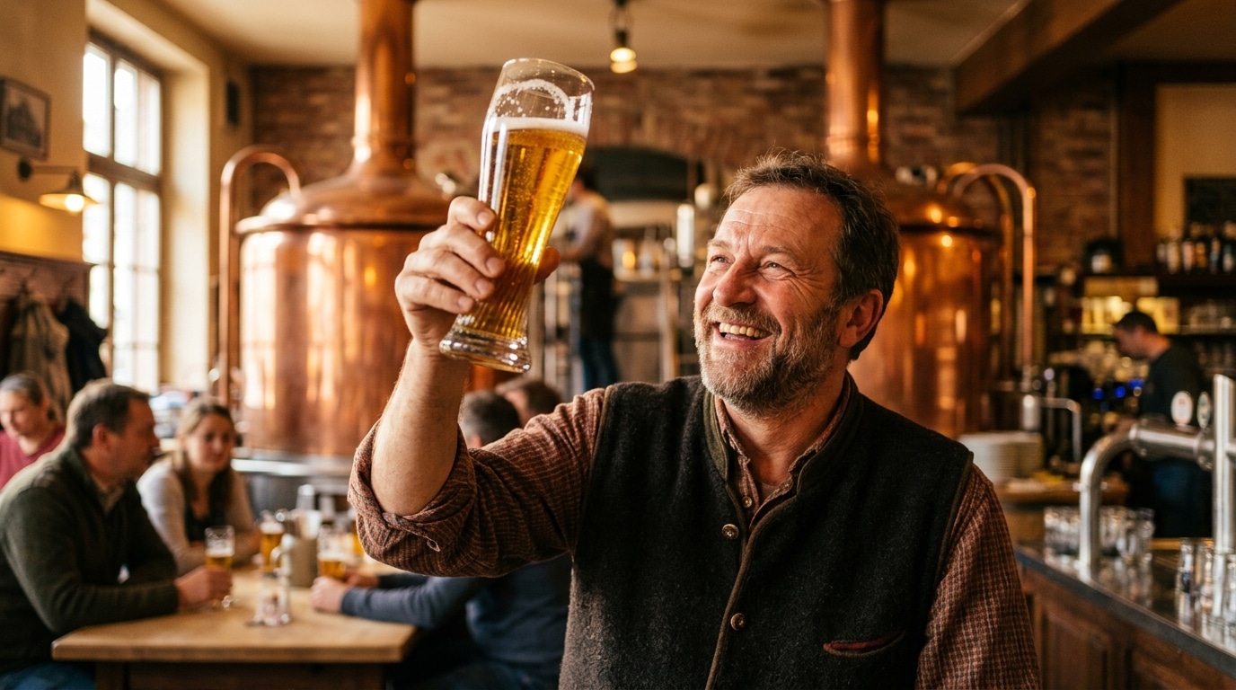 Homme dégustant une bière artisanale dans une brasserie alsacienne