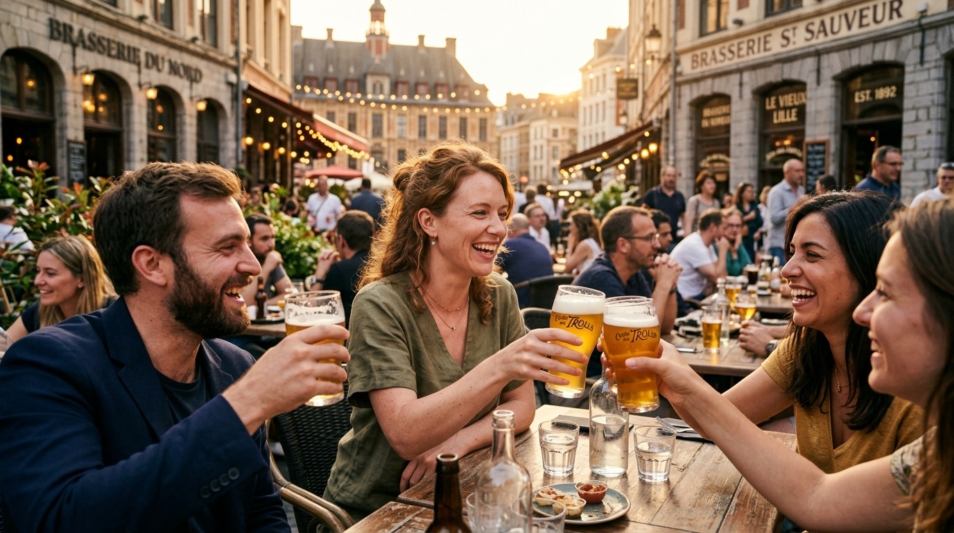 Amis trinquant avec des bières sur une terrasse du Nord
