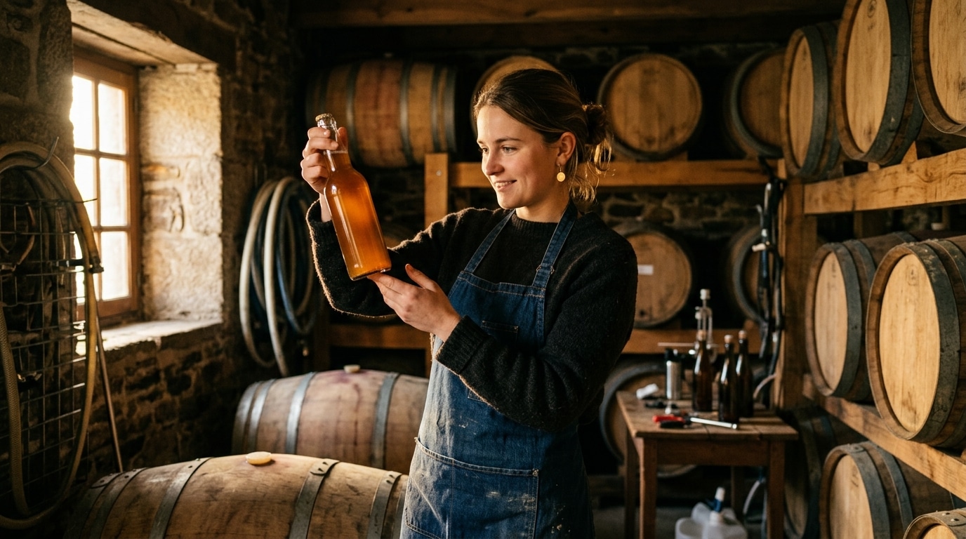 Brasseur breton examinant une bouteille de bière artisanale
