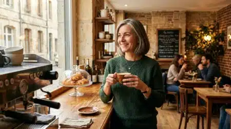 Femme souriante buvant un café dans un bistrot du Nord