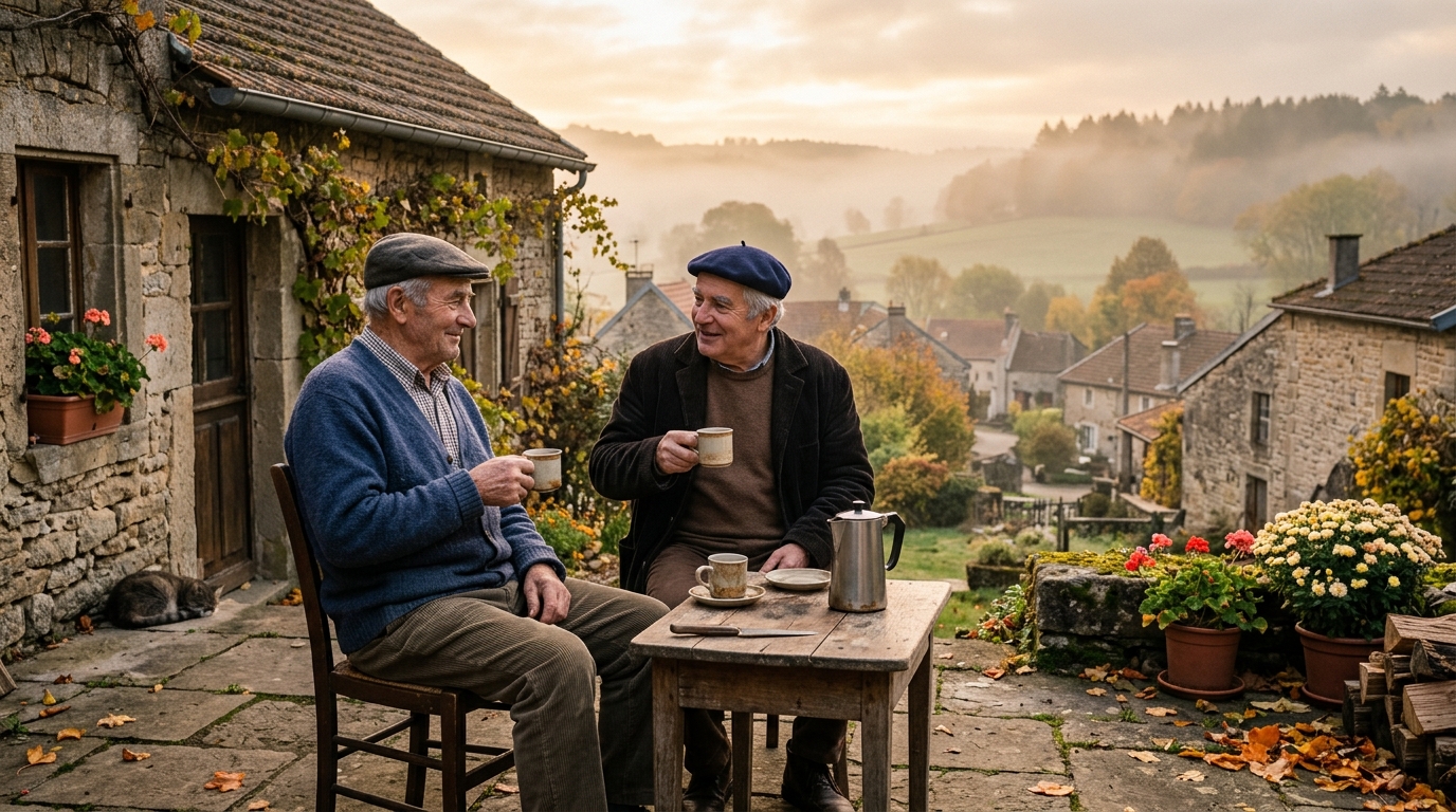 Habitants de la Meuse partageant un café à la campagne
